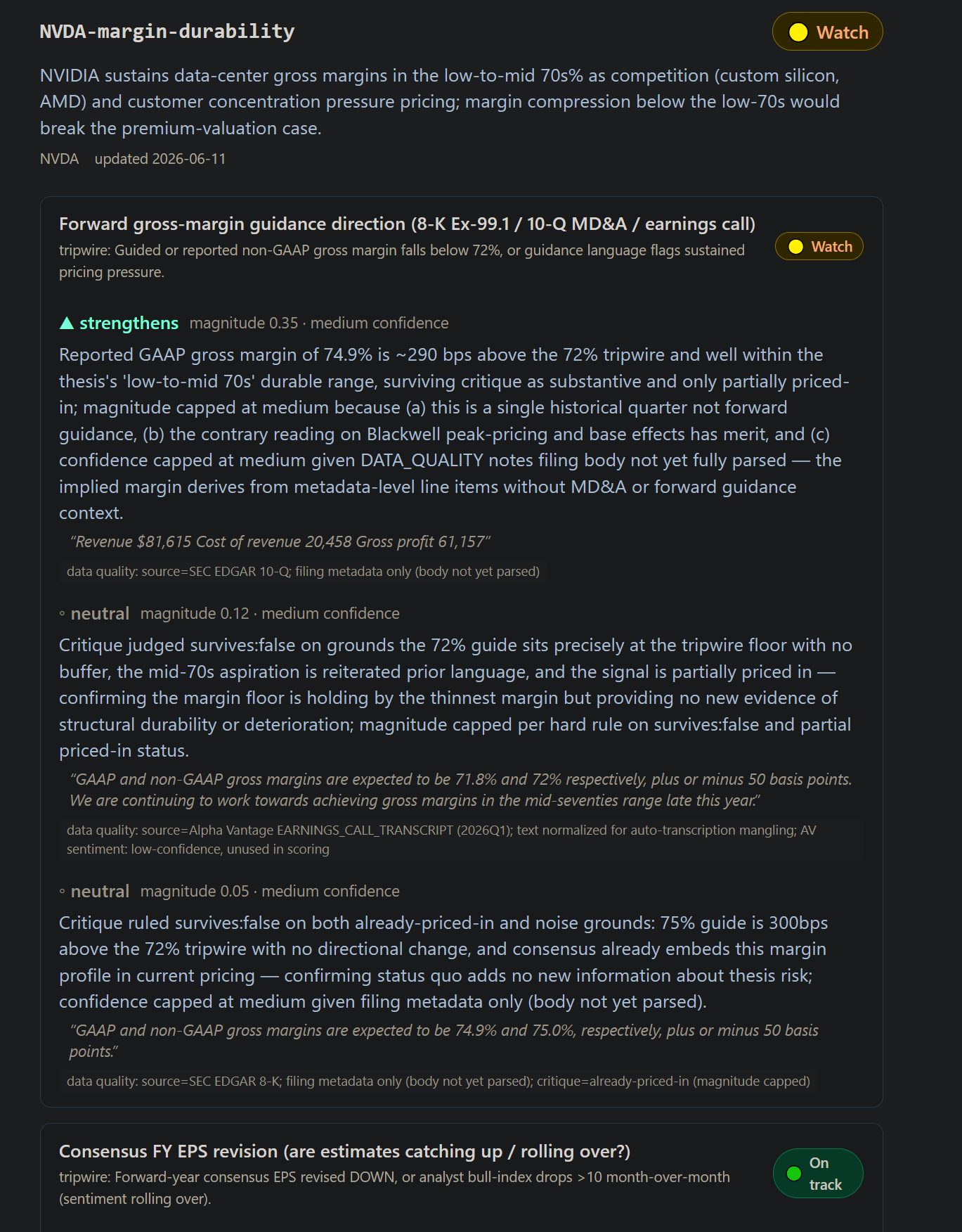 A thesis opened up, showing each new signal scored as strengthens or neutral with magnitude and confidence, the model's reasoning, and SEC filing / earnings-call citations